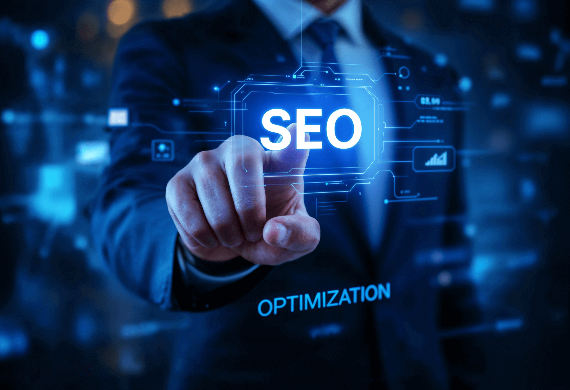 Affordable SEO services for small business highlighted by a finger pointing at the SEO button with optimization written underneath.