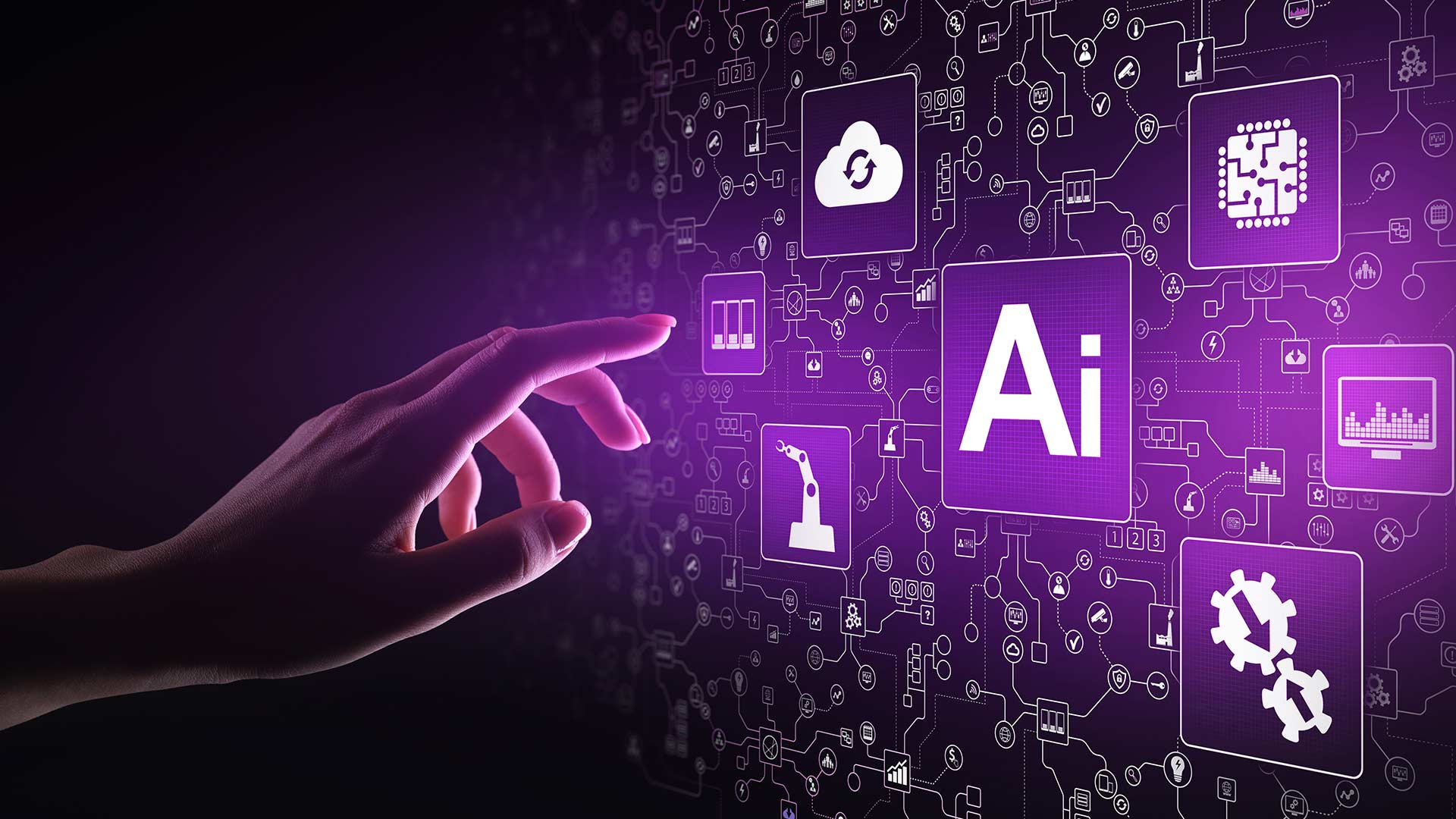 A hand reaches towards digital icons on a purple background, representing AI, cloud computing, and automation. The tone is futuristic and innovative.