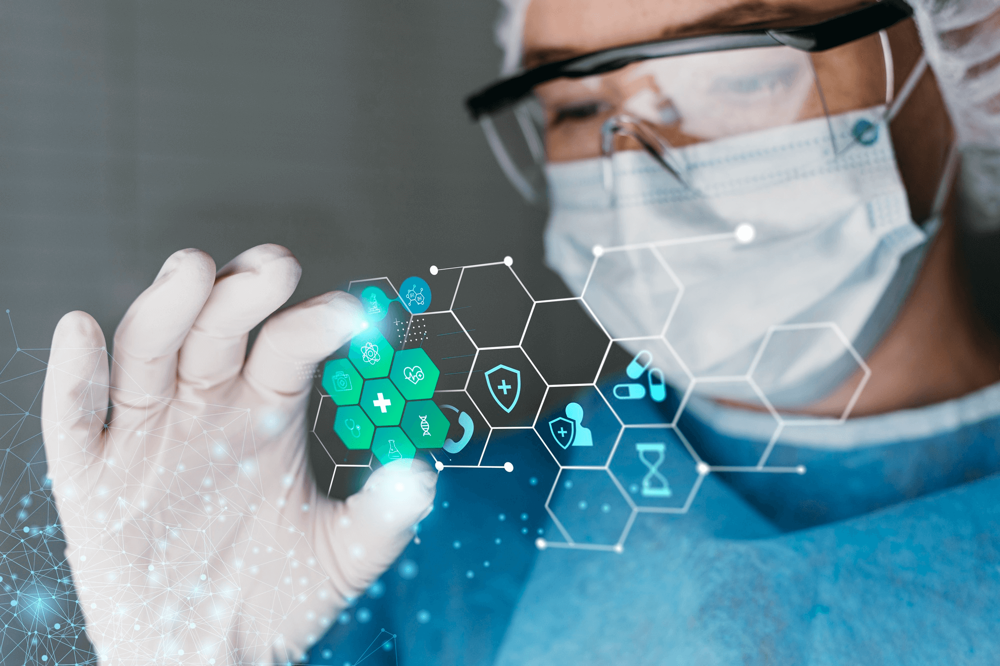 A person wearing surgical attire and gloves interacts with digital hexagonal icons, symbolizing medical technology. The scene conveys a futuristic healthcare theme.