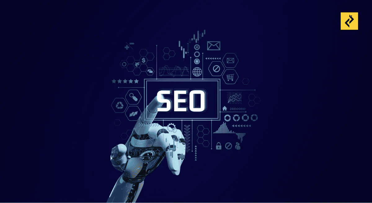 A robotic hand points to the word SEO amid digital icons and graphs on a dark blue background. The image conveys a futuristic, tech-focused theme.