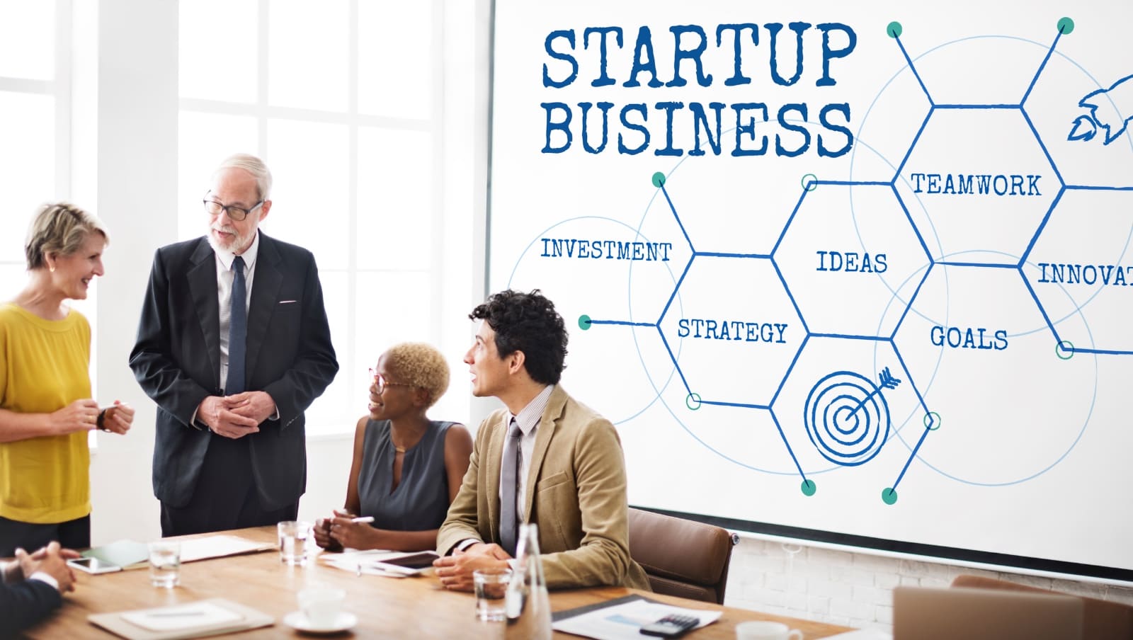 Startup team in a meeting room discussing investment and strategy with “Startup Business” on screen, exploring an AI alternative to a SEO agency for startups.