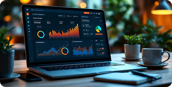 Hands typing on a laptop keyboard with a transparent search bar overlay and a magnifying glass icon. The scene conveys a sense of focused online activity.