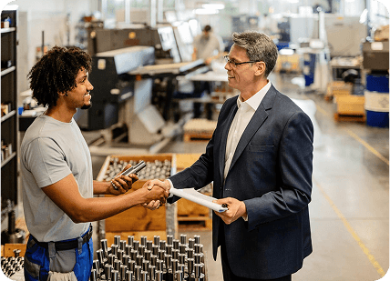 Two men in a factory shaking hands, representing collaboration and mutual agreement in a professional setting.